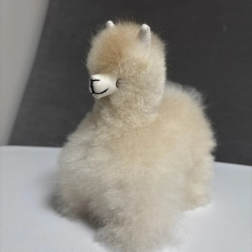 Alpaca Real Fur Figurine Handmade Peru Boho Soft Llama Cream Beige Baby Decor